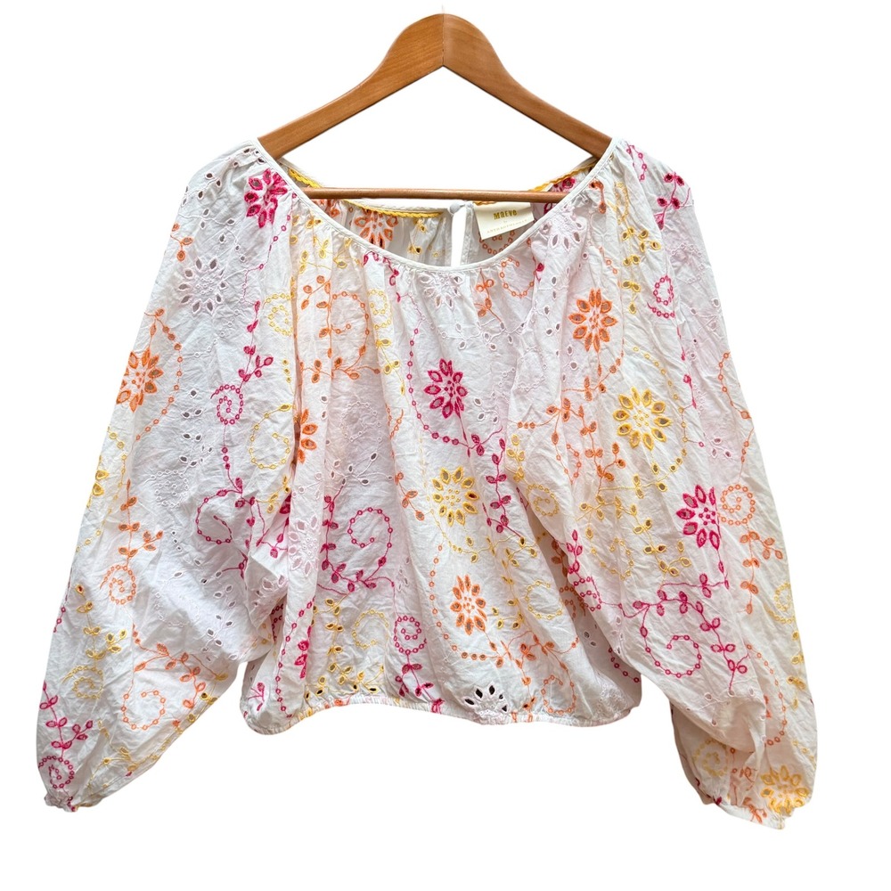Maeve Addison Eyelet Blouse White Pink Orange Embroidered Boho Balloon Sleeve M